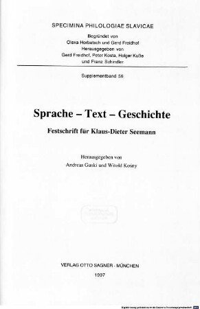 Sprache, Text, Geschichte : Festschrift für Klaus-Dieter Seemann
