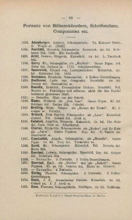 Portraits von Bühnenskünstlern, Schriftstellern, Componisten etc.