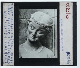 Straßburg, Münster : Südliches Westportal, linkes Gewände, Kopf der törichten Jungfrau (neben dem Verführer)