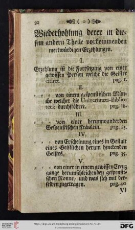 Wiederholung derer in diesem andern Theile vorkommenden merkwürdigen Erzehlungen