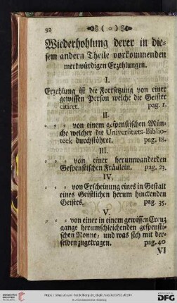 Wiederholung derer in diesem andern Theile vorkommenden merkwürdigen Erzehlungen