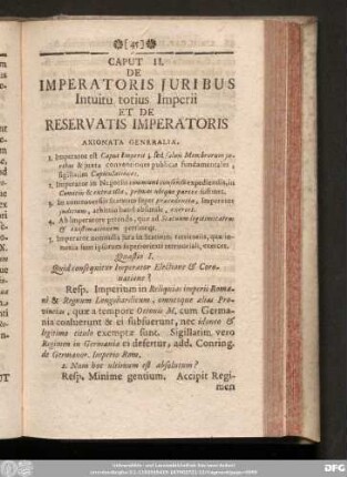 Caput II. De Imperatoris Iuribus Intuitu totius Imperii Et De Reservatis Imperatoris.