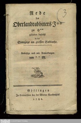 Rede des Oberlandrabbiners J.** zu H.** gehalten daselbst in der Synagoge am grossen Sabbathe