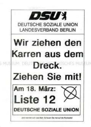 Wahlflugblatt des Landesverbands Berlin der Deutschen Sozialen Union