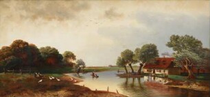 Paul Lüdicke - Spreewaldansicht mit Sommerstimmung, stakende Kahnfährfrau, Spreewaldhaus, sechs Gänse