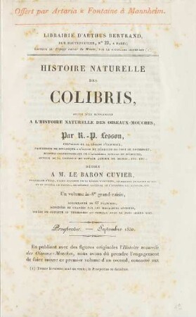 Histoire naturelle des colibris, suivie d'un supplément à l'histoire naturelle des oiseaux-mouches