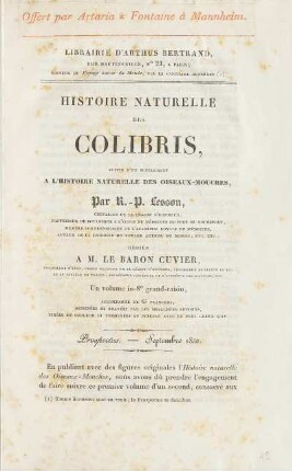Histoire naturelle des colibris, suivie d'un supplément à l'histoire naturelle des oiseaux-mouches