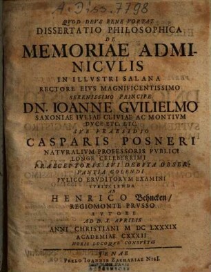 Dissertatio Philosophica De Memoriae Adminicvlis
