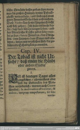 Cap. IV. Der Toback ist nicht Ursache, daß einem die Hände oder andere Glieder zittern