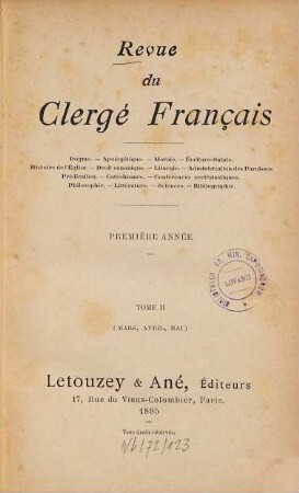 Revue du clergé français. 2. 1895 = Année 1