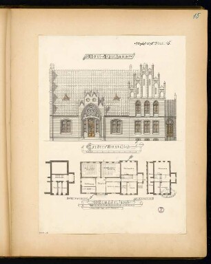 Dorfschule Monatskonkurrenz August 1878: Grundriss Keller, Erdgeschoss, Obergeschoss, Aufriss Vorderansicht; Maßstabsleiste