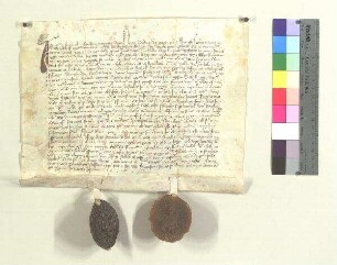 Propst Petrus und das Kapitel von Kloster Indersdorf schließen eine Gebetsverbrüdung mit St. Zeno;. S1: Propst Petrus v. Kl. Indersdorf, S2: Konvent Indersdorf