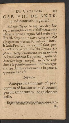 Cap. VIII. De Antepraedicamentis in genere.