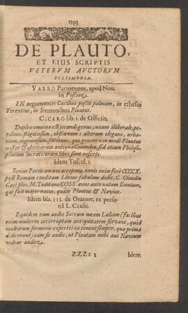 De Plauto, Et Eius Scriptis Veterum Auctorum Testimonia.