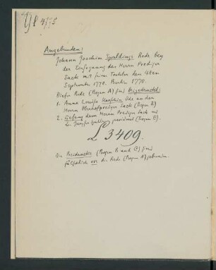 Kopie des handschriftlichen Inhaltsverzeichnisses des Sammelbandes