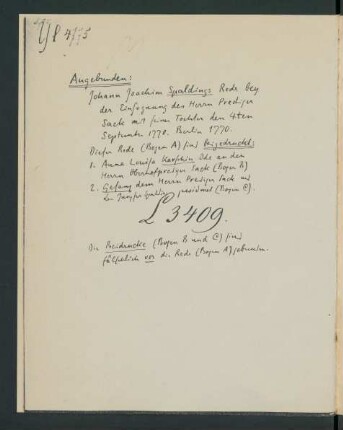 Kopie des handschriftlichen Inhaltsverzeichnisses des Sammelbandes