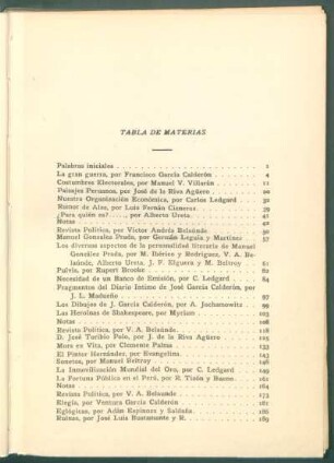 Tabla de materias [del Año I]