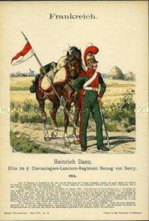 Uniformdarstellung, Elite-Reiter des 6. Chevauleger-Lancier-Regiments "Herzog Berry", Frankreich, 1814.