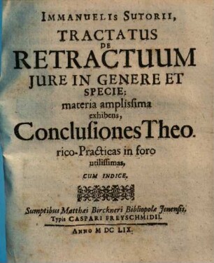 Immanuel Sutorii, Tractatus de retractuum jure in genere et specie