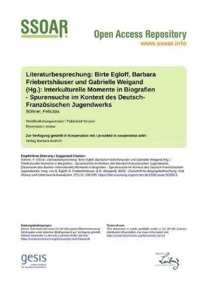 Literaturbesprechung: Birte Egloff, Barbara Friebertshäuser und Gabrielle Weigand (Hg.): Interkulturelle Momente in Biografien - Spurensuche im Kontext des Deutsch-Französischen Jugendwerks