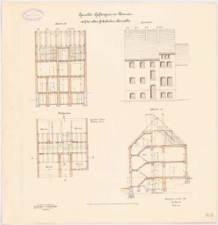Gerichtsgefängnis, Domnau Stallgebäude: Grundriss DG, Querschnitt und Längsschnitt, Hinteransicht, 1:100