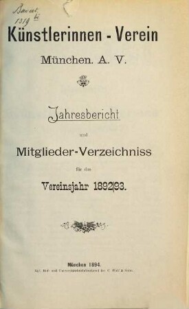 Jahresbericht für das Vereinsjahr ... und Mitglieder-Verzeichnis. 1892/93 (1894)