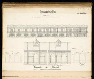 Bahnhof Börse der Stadtbahn, Berlin Monatskonkurrenz Oktober 1878: Aufriss Seitenansicht (Ausschnitt) 1:200, Längsschnitt mit Innenansicht der Fensterwand (Ausschnitt) 1:50, 2 Skizzen zu einem S-Bahnbogen; 2 Maßstabsleisten