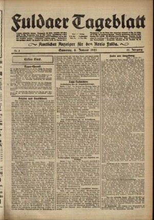 Erste Ausgabe vom Samstag, den 08. Januar 1921.