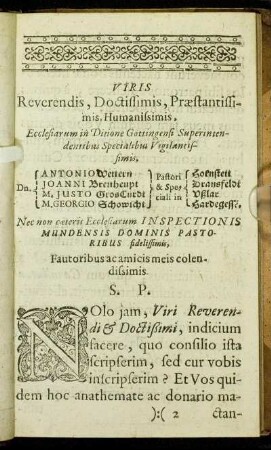 Viris Reverendis, Doctissimis [...] Dn. Antonio Wettern [...] Dn. Joanni Breitheupt [...] Dn. M. Justo Groscurdt [...] Dn. M. Georgio Schowicht [...]