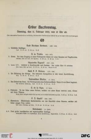 Erster Auctionstag. Dienstag, den 11. Februar 1902, von 10 Uhr ab (Nr. 1-147)