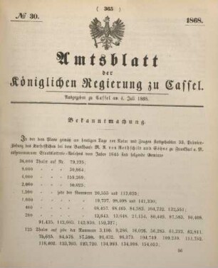 № 30. Ausgegeben zu Cassel am 4. Juli 1868.