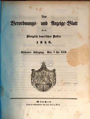 Das Verordnungs- und Anzeige-Blatt für die Königlich Bayerischen Posten und Eisenbahnen. 7. 1848