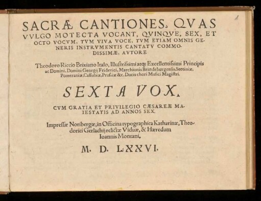 Teodoro Riccio: Sacrae cantiones ... quinque, sex et octo vocvm ... Sexta Vox
