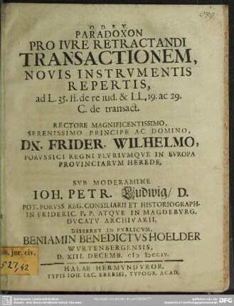 Paradoxon Pro Iure Retractandi Transactionem, Novis Instrumentis Repertis : ad L. 35. ff. de re iud. & LL. 19. ac 29. C. de transact. ...