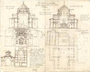 Thiersch, August ; Ägypten; Deutschland; Frankreich; Griechenland; Iran; Israel; Italien; Libanon; Monaco; Türkei; Antike Stätten (Ausgrabungen) - Kathedrale von Paros vor der Überwölbung des Mittelschiffes, Konstantinopel (Grundrisse, Perspektive, Schnitte)