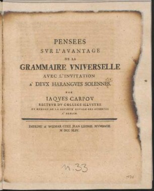 Pensées Svr L'Avantage De La Grammaire Vniverselle Avec L'Invitation À Devx Harangves Solennes / Par Iaqves Carpov ...