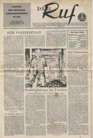 Zentrale Zeitung der deutschen Kriegsgefangenen in der USA "Der Ruf" mit mehreren Beiträgen über die Entwicklung in Deutschland unter der alliierten Besatzung