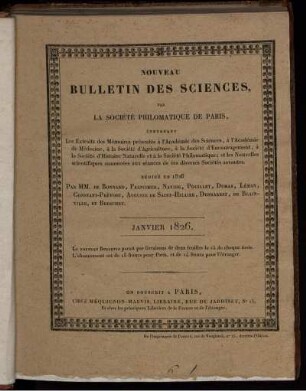 Nouveau Bulletin Des Sciences, Par La Société Philomatique De Paris. Janvier 1826.