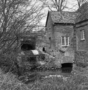 Glinder Mühle: links Mühlenwehr mit Glinder Au: rechts Mühlengebäude: vorn Gräser: links und hinten Bäume