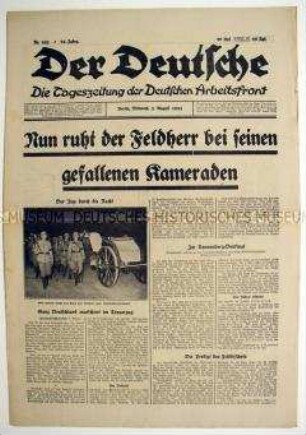 Tageszeitung der Deutschen Arbeitsfront "Der Deutsche" zur Beisetzung von Hindenburg