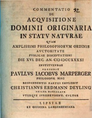 Commentatio de acquisitione dominii origenaria in statu naturae