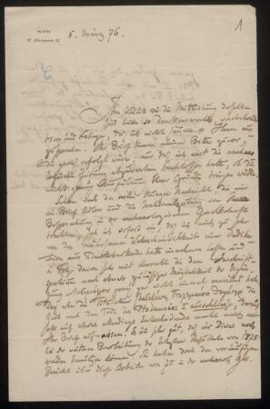 Nr. 1: Brief von Alexander Conze an Ulrich von Wilamowitz-Moellendorff, Wien, 5.3.1876