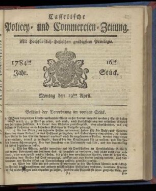 16tes Stueck, Montag den 19ten April. 1784