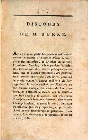 Discours De M. Burke, Sur La Situation Actuelle De La France : Prononcé dans la Chambre des Communes d'Angleterre, le 9 février 1790, lors du fameux débat sur les estimations de l'armée