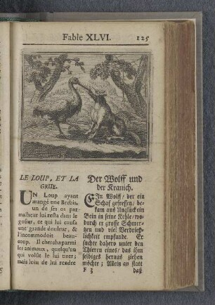 Fable XLVI. : Le loup, et la grue. Der Wolff und der Kranich.