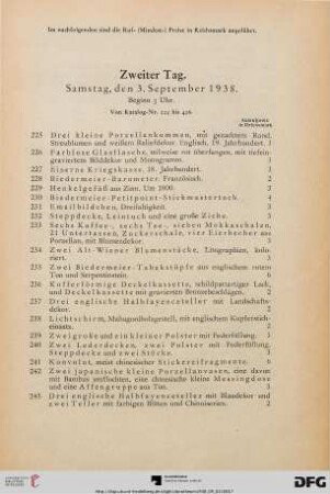 Zweiter Tag. Samstag, den 3. September 1938. Beginn 3 Uhr (Nr. 225-426)