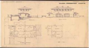 Zweifamilienhaus Monatskonkurrenz Februar 1930: Variante zu MK 99-156: (je halber) Grundriss Keller, Erdgeschoss, Obergeschoss und Dach, Aufriss Gartenansicht, Seitenansicht