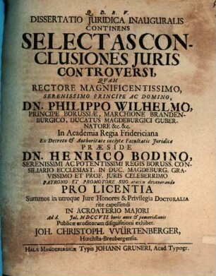 Diss. iur. inaug. continens selectas conclusiones iuris controversi