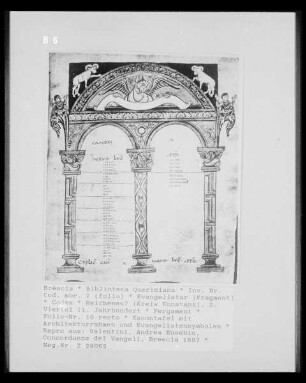 Evangelistar — Kanontafel mit Architekturrahmen und Evangelistensymbolen, Folio 10 recto