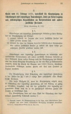 2. Gesetz vom 23. Februar 1870, betreffend die Genehmigung zu Schenkungen und letztwilligen Zuwendungen